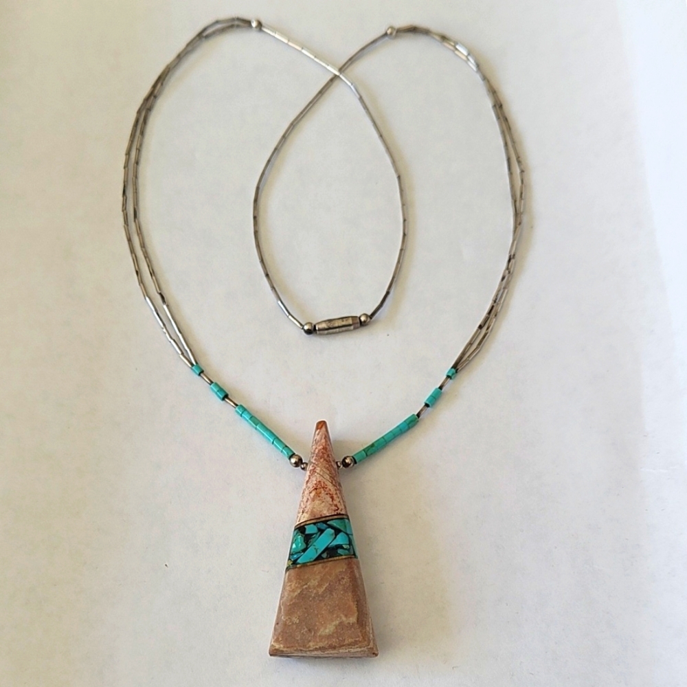Turquoise Inlay and Silver Pendant Necklace